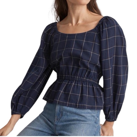 Madewell Tops - Madewell Scoopneck Peplum Top Womens Large Windowpane Preppy Boho Peasant NWT